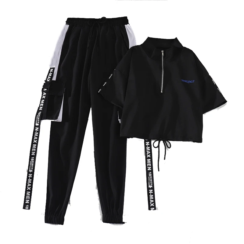 

Women Fashion Harajuku Cargo Pants Black Ribbon Trousers Female Elastic Waist Streetwear Pants 2 Piece Casual Pants