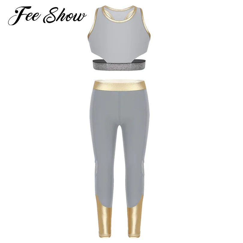 

Kids Girls Yoga Sets Workout Fitness Outfits Sleeveless Racer Back Stretchy Tanks Bra Tops with Leggings Pants for Sport Dancing