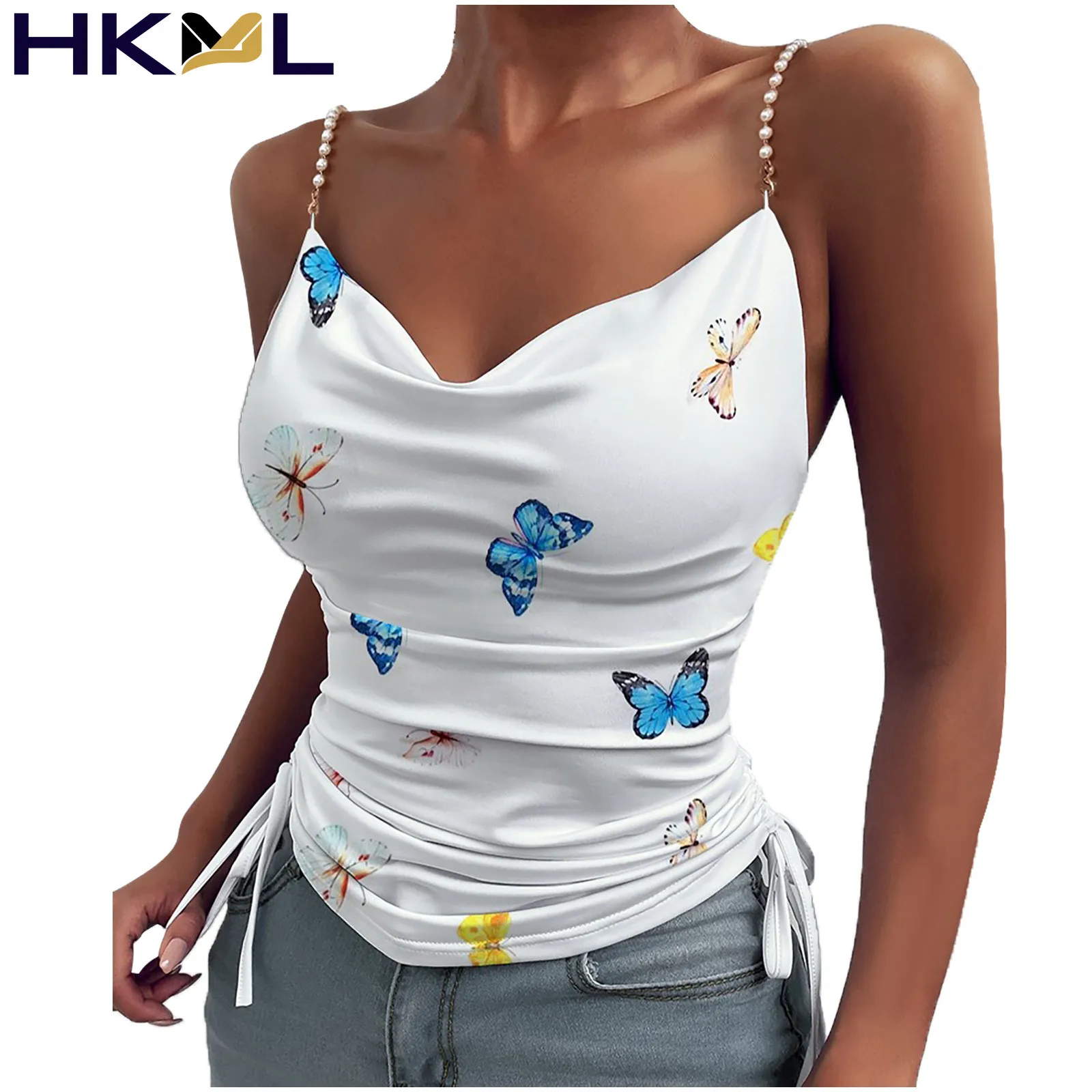 

Women Cami Vest V-Neck Backless Sleeveless Printed Chain Strappy Multi Color Camis Slim Sexy Crop Tops