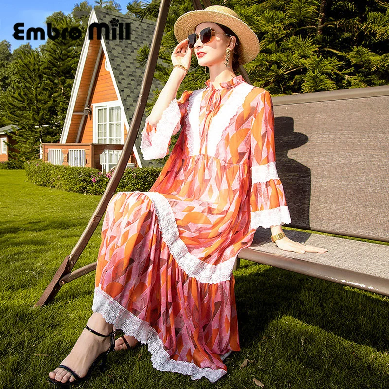 

Модное и элегантное женское Летнее цветочное платье свободного покроя с кружевными расклешенными рукавами и высокой талией для отдыха