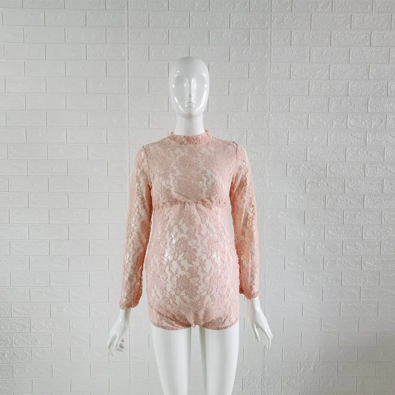 Прозрачный кружевной комбинезон для беременных с высокой горловиной и длинным