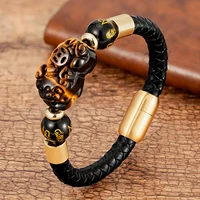 feng shui obsidian beads bracelet for men leather rope stainless steel magnetic clasp handmade tiger eye pixiu stone bracelets