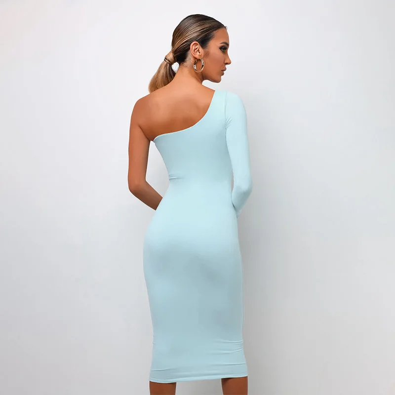 

Cryptographic One Shoulder 2021 Fall Midi Dresses Bodycon Elegant Sexy Backless Evening Club Party Solid Birthday Dress Long