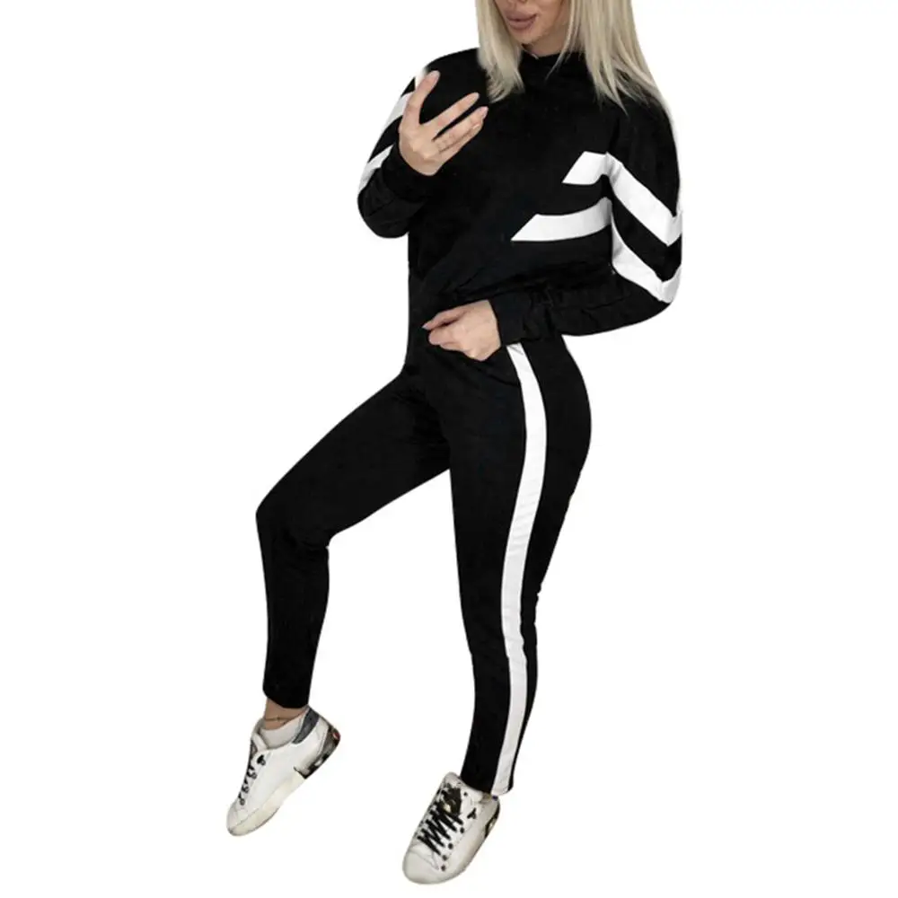 Hxroolrp White Women Splice Cropped Pullover Sweatshirt and Side Striped Pants Tracksuit Sets Casual 2pcs Sport Running Suits | Спорт и