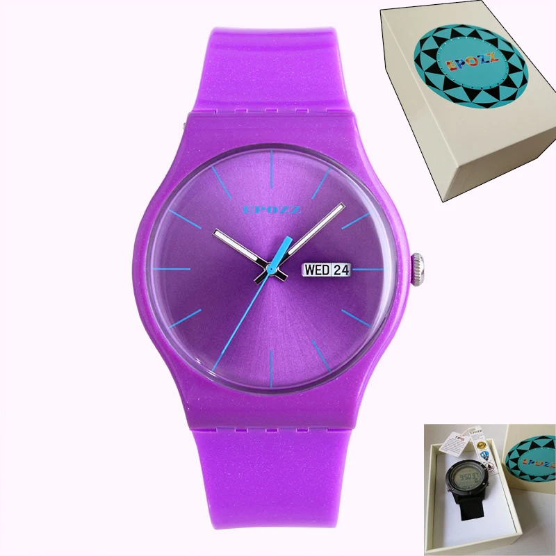 I604 purple with box Epozz светильник, тонкие простые чистые красочные женские часы, силиконовый мягкий ремешок, Женские повседневные красные женские часы, relogios feminino - Цвет: I604 purple with box