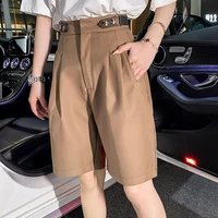 solid high waist summer knee length women shorts leather buttons adjustable wasit pleated splicing office ladies zipper shorts