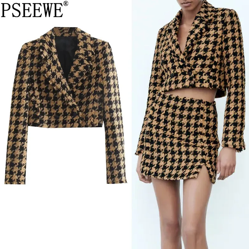 

PSEEWE 2021 Tweed Blazer Women Houndstooth Cropped Blazer Woman Autumn Long Sleeve Plaid Vintage Jacket Elegant Female Suit