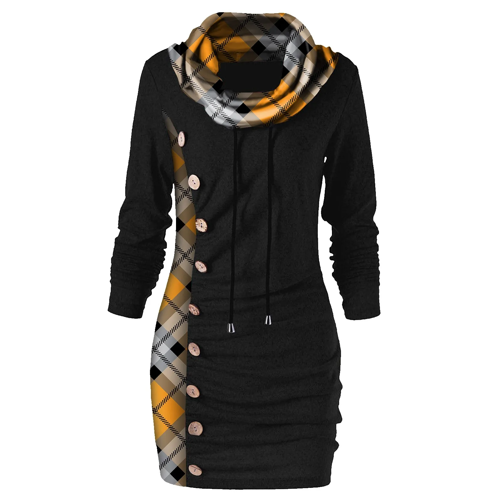 Women Autumn Winter Tops Long Sleeve Button Plaid Printed Stitching Sweatshirt Blouse Turtleneck In Stock | Женская одежда