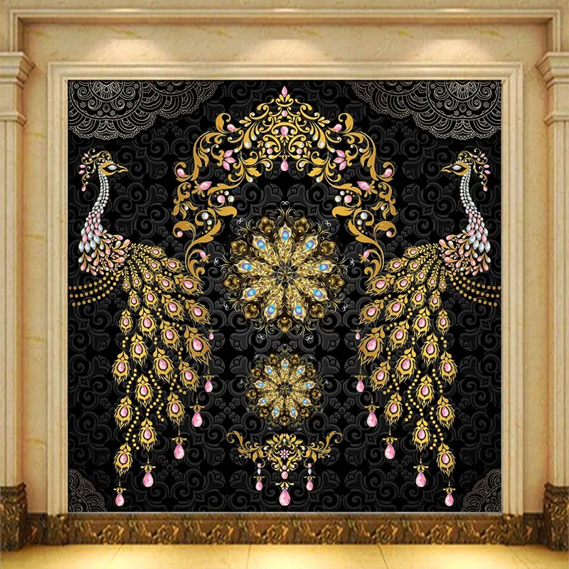 Фото обои 3D роскошный черный золотой драгоценный камень павлин фрески гостиная