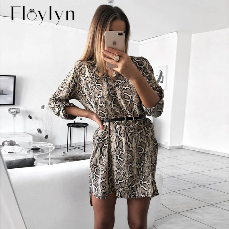 FLOYLYN женское леопардовое платье футболка элегантное с длинным рукавом вечерние