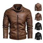 Мужская винтажная куртка из искусственной кожи, куртка-бомбер с воротником-стойкой в стиле милитари, мотоциклетная куртка, приталенная флисовая Дизайнерская кожаная куртка на молнии