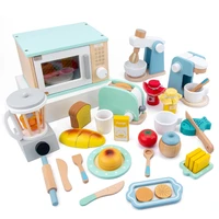 childrens wooden simulation kitchen toy set play house early education toy bread machine coffee machine juicer microwave oven