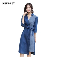needbo denim dress plus size 5xl casual patchwork jeans dress for women 2020 knee length dress women with sashes vestidos robe