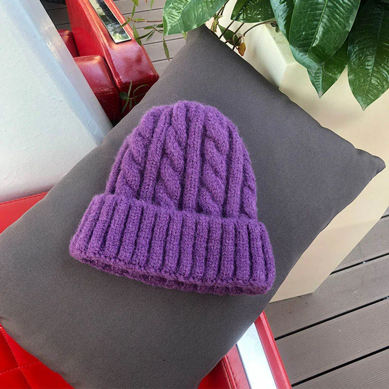 Purple Взрослая осенняя и зимняя вязаная шапка, одноцветная женская шапка, скрученный старинный головной убор, теплая маска в горошек, зимняя шапка для девочек с женскими ушами - Цвет: Purple