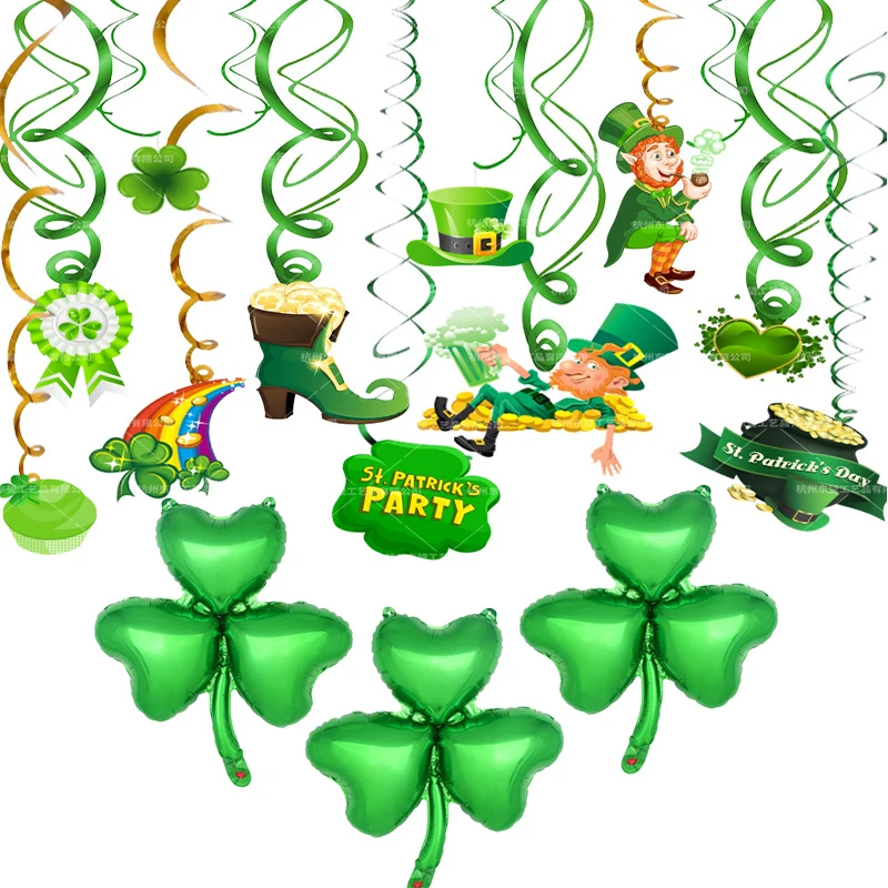 

ZLJQ St. Patrick's Day Decoration Spiral Charm Green Aluminum Foil Clover Balloon Irish Festival Party Balloon Decoration Suppli