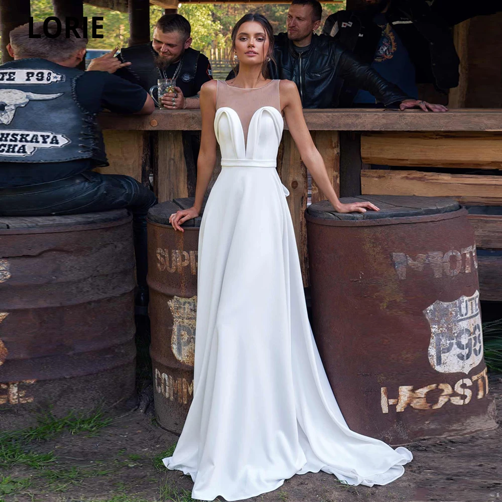 LORIE простые белые мягкие атласные пляжные свадебные платья с круглым вырезом без