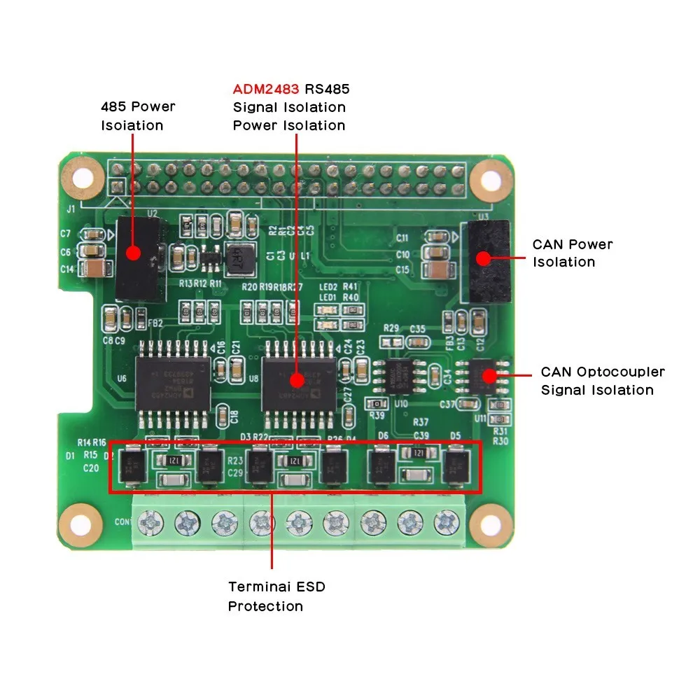 RS485 и CAN промышленный модуль связи через интерфейс SPI для Raspberry Pi 4 Model B/3B +/3B/2B/Zero W |