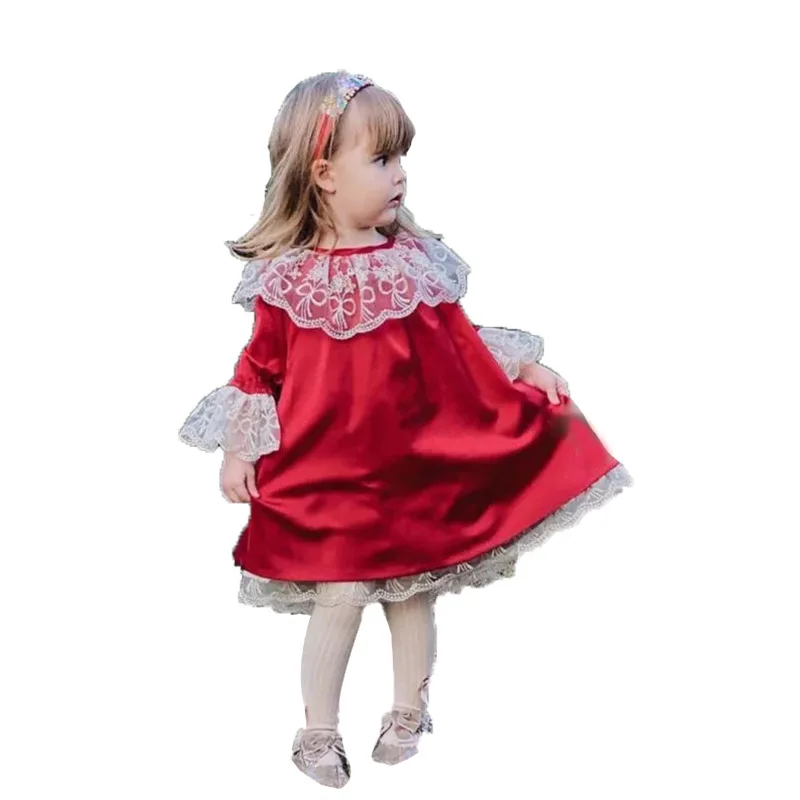 

Kids Vintage Clothes Infant Boutique Red Velvet Dresses for Baby Girls Christmas New Year Dress Children Spain Outfits