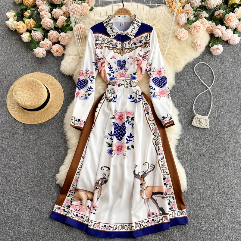 

European Designer Women's 2021 Autumn New Fashion Print Runway Vestidos Ladies Long Mid-calf Lapel Shirt Party Dresses