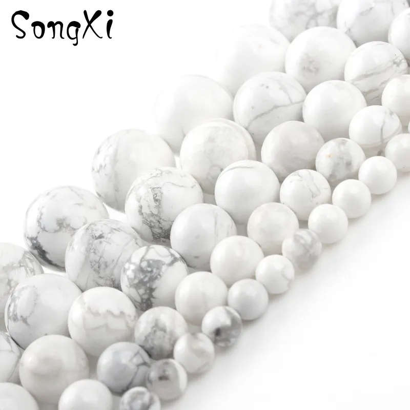 Круглые белые и бирюзовые говлит из натурального камня бисер для