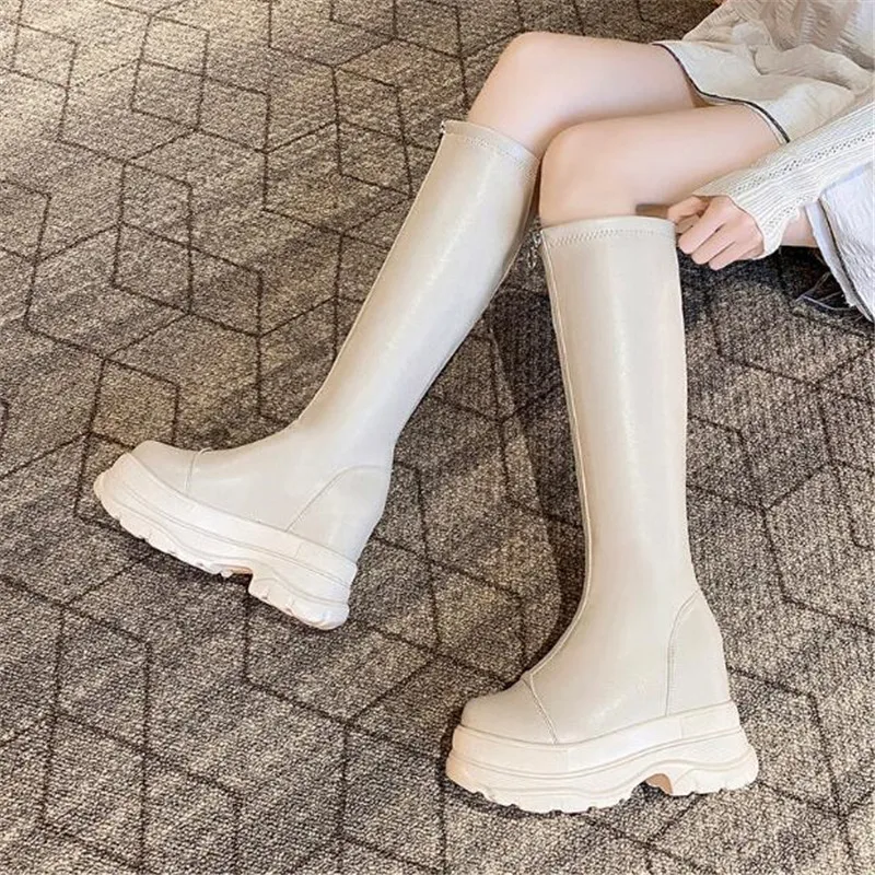 

Autumn Leather Boots Women Knee High Boots Punk Style Casual Chunky Shoe Winter Woman thick high Heel Platform Long Boots 10.5cm