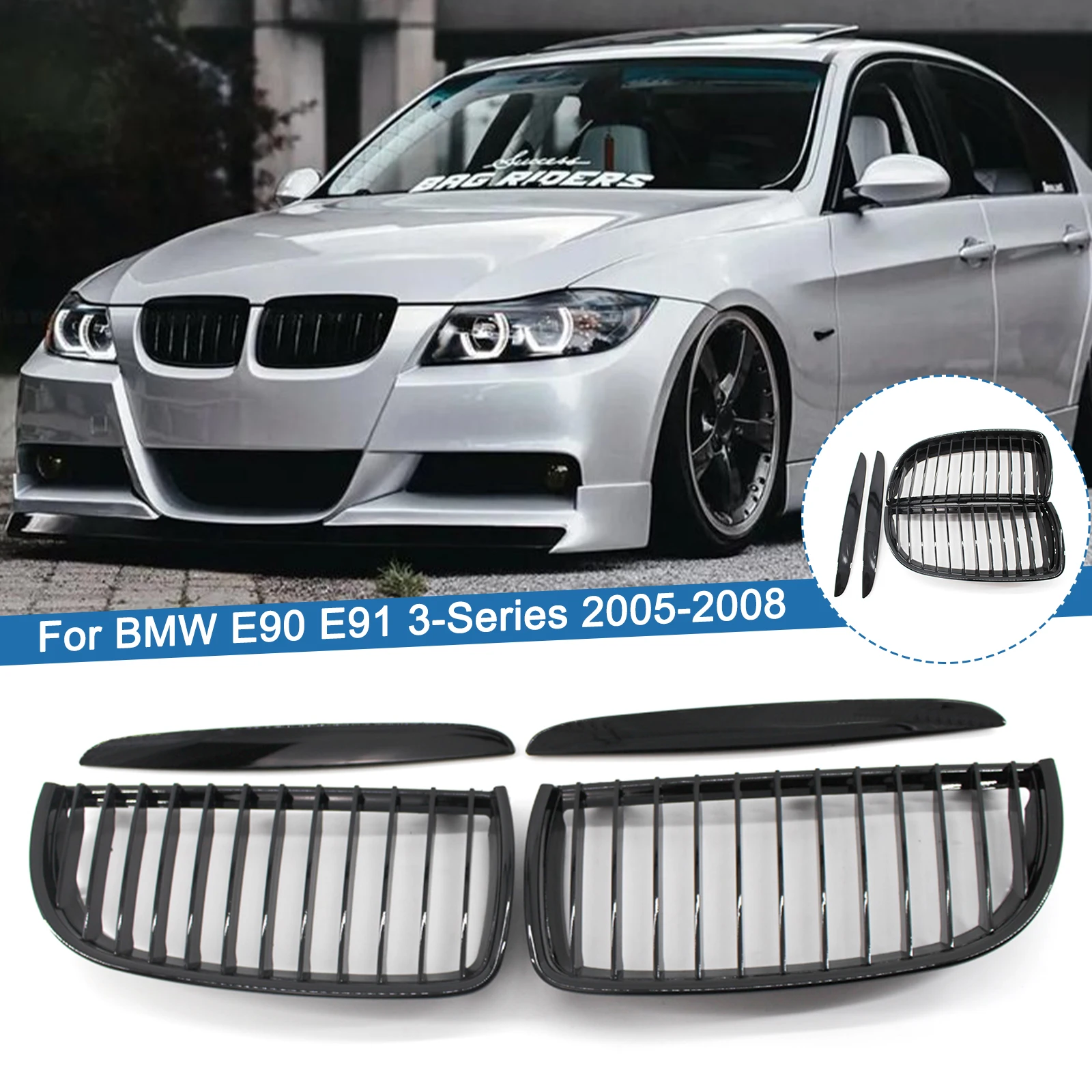 

1 Pair Gloss Black Car Front Bumper Sport Kidney Grilles Racing Grill Set For BMW E90 E91 3 Series 4 Door 2005 2006 2007 2008