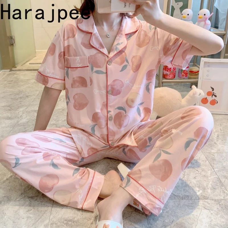 

Пижамный комплект в стиле харадзпи для женщин, хлопковый костюм из двух предметов, летняя тонкая Пижама с отложным воротником и принтом, дом...