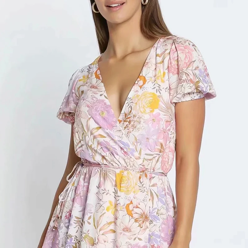 Mini robe en mousseline de soie, imprimé Floral, taille haute, manches courtes, plage, Vintage, TRF