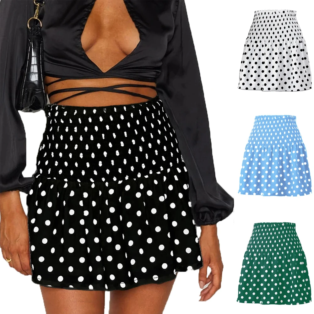 

Women's Summer Polka Dot Skirts High Waist Elastic Loose Jupe Plus Size Polyester Cotton Clothing Pleated Casual Vacation Skirts