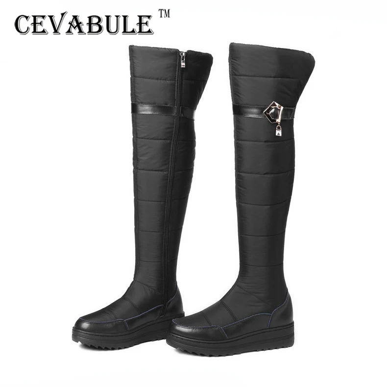 

CEVABULE 2021 Plus Size Slope Heel Stitched Down Cloth Cowhide Boots Thick Fur Snow Knee Winter Boots Women Botas De Invierno