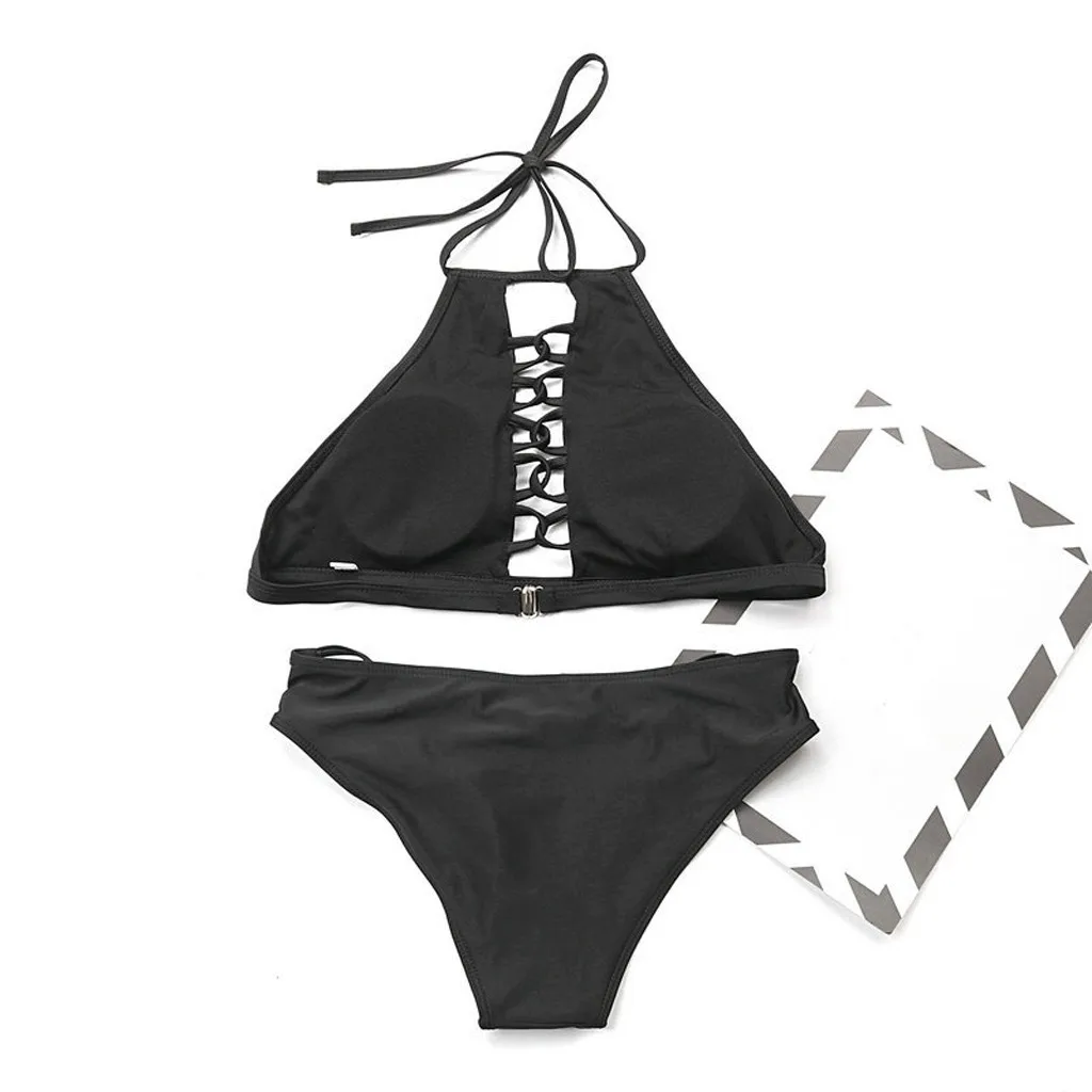 Summer ladies swimsuit suit solid color split three-point sling bikini black fashion sexy Beachwear пляжное платье 04* | Женская