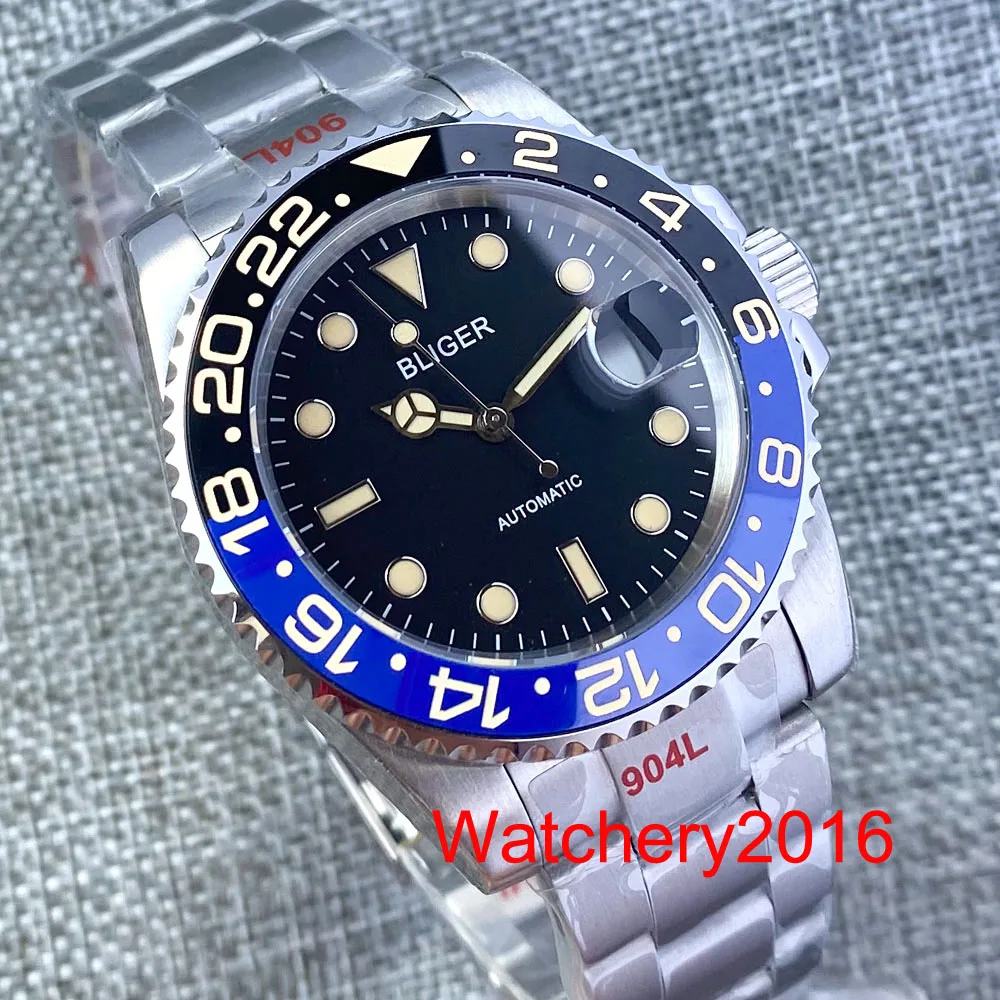 

40mm Bliger Black Dial Sapphire Glass Luminous Index Date Ceramic Bezel PT5000 Miyota 8215 Automatic Movement Men's Watch