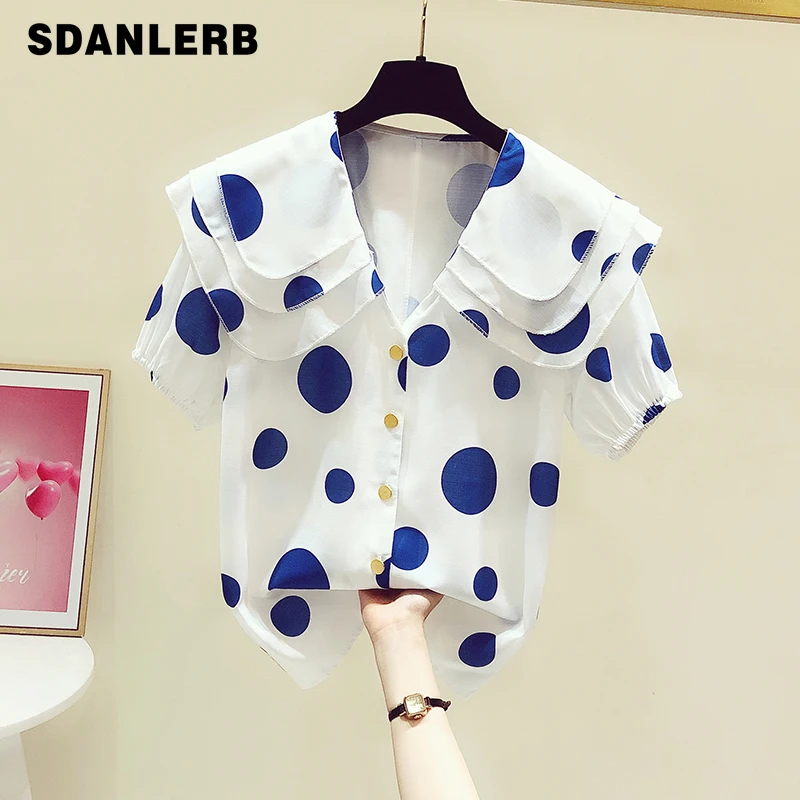 

Женская блузка с коротким рукавом, голубая рубашка в горошек с воротником «Питер Пэн», Повседневная Блузка, лето 2021