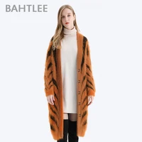 bahtlee winter women angora long cardigans sweater tiger stripe leopard pattern wool knitted coat jumper open stitc mink v neck