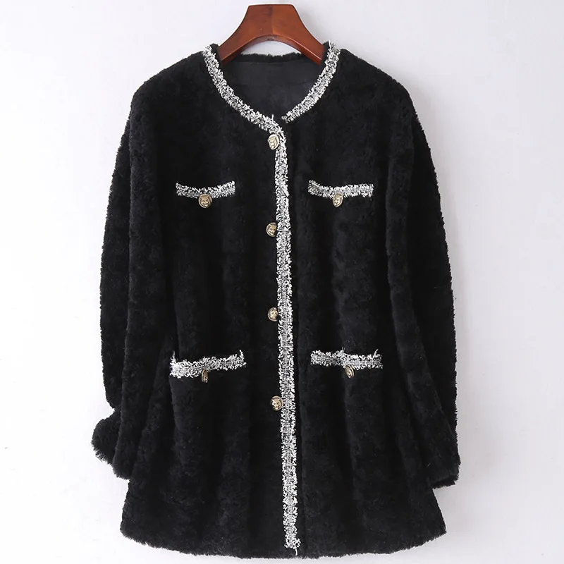 

Осеннее свободное бежевое высококачественное Женское пальто из меха альпака и травы композитная Толстая теплая черная синяя куртка с карм...