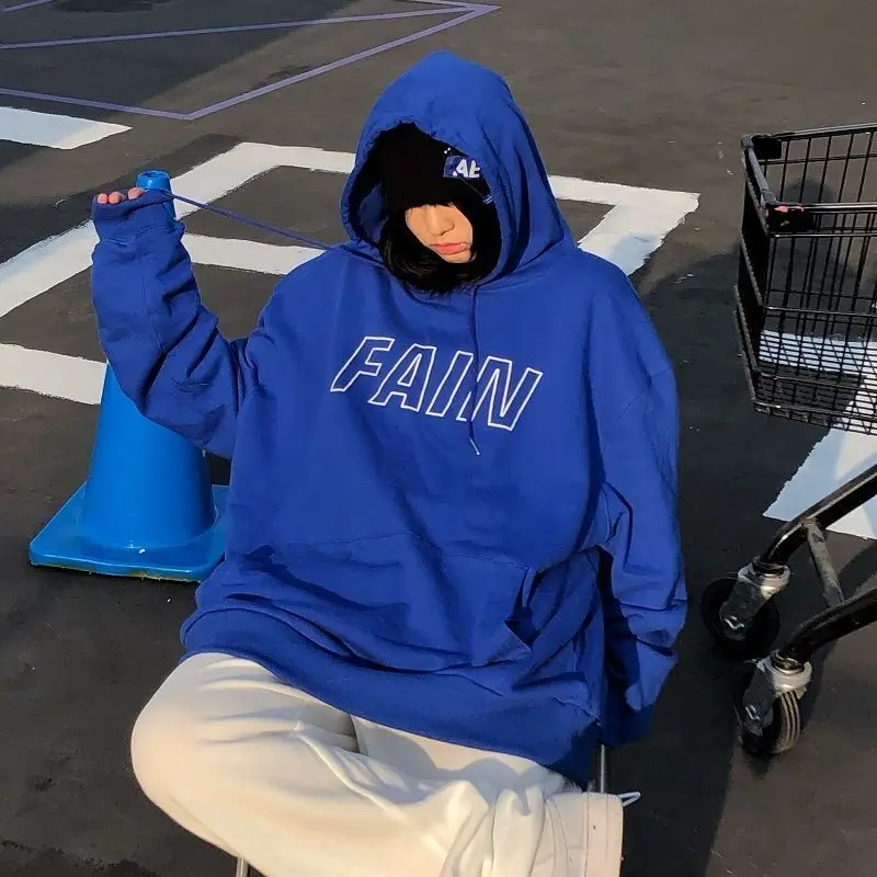 

American hoodies streetwear fashion brand letter printed hoodie men women top solid all-match high-quality Klein blue oversized