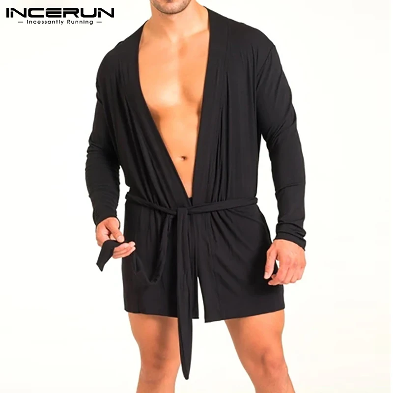 

INCERUN Solid Color Men Robes Homewear Long Sleeve Open Stitch Cozy Nightgown With Belt 2022 Loose Sexy Leisure Mens Bathrobes