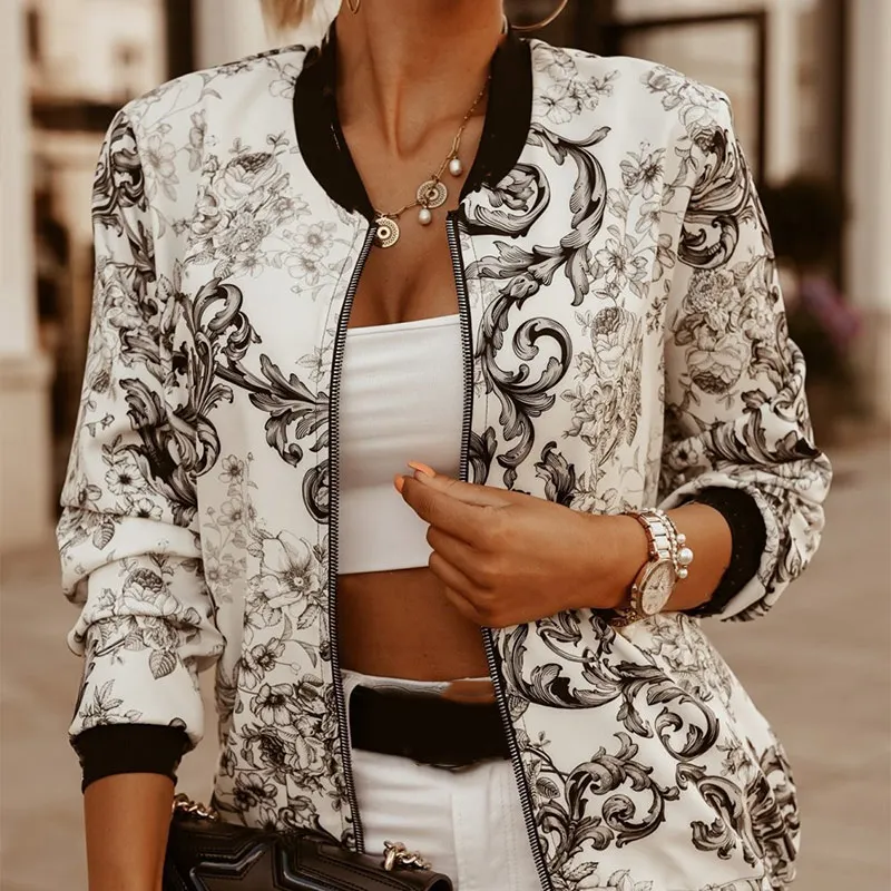 Женская куртка бомбер с цветочным принтом осеннее пальто на молнии длинным