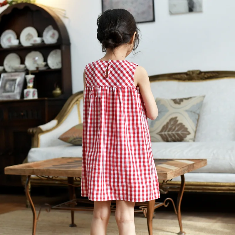 Детская летняя одежда хлопковое красное платье в клетку для девочек свободные