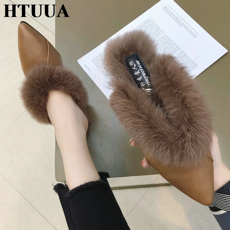 HTUUA/осенне зимние шлепанцы на плоской подошве женские меховые тапочки с острым