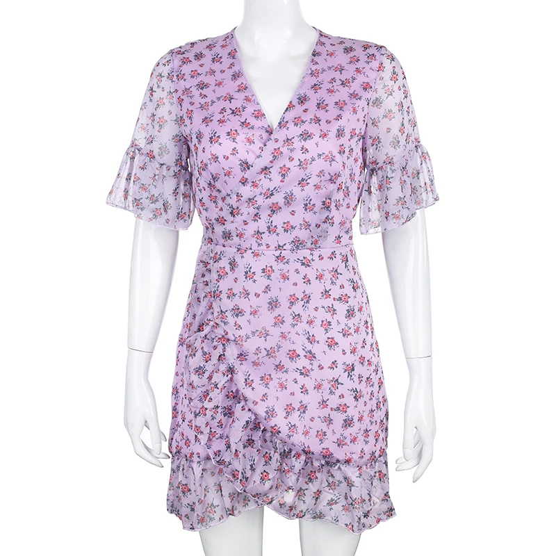

Floral Chiffon Summer Dress Woman 2021 Sexy Purple Short Sleeve Wrap Dress Mini Vintage Ladies Dresses Bandage Ruffles