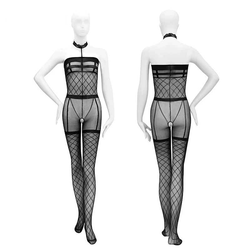 Сексуальные черные сетчатые жаккардовые подвязки с лямкой на шее чулки открытой