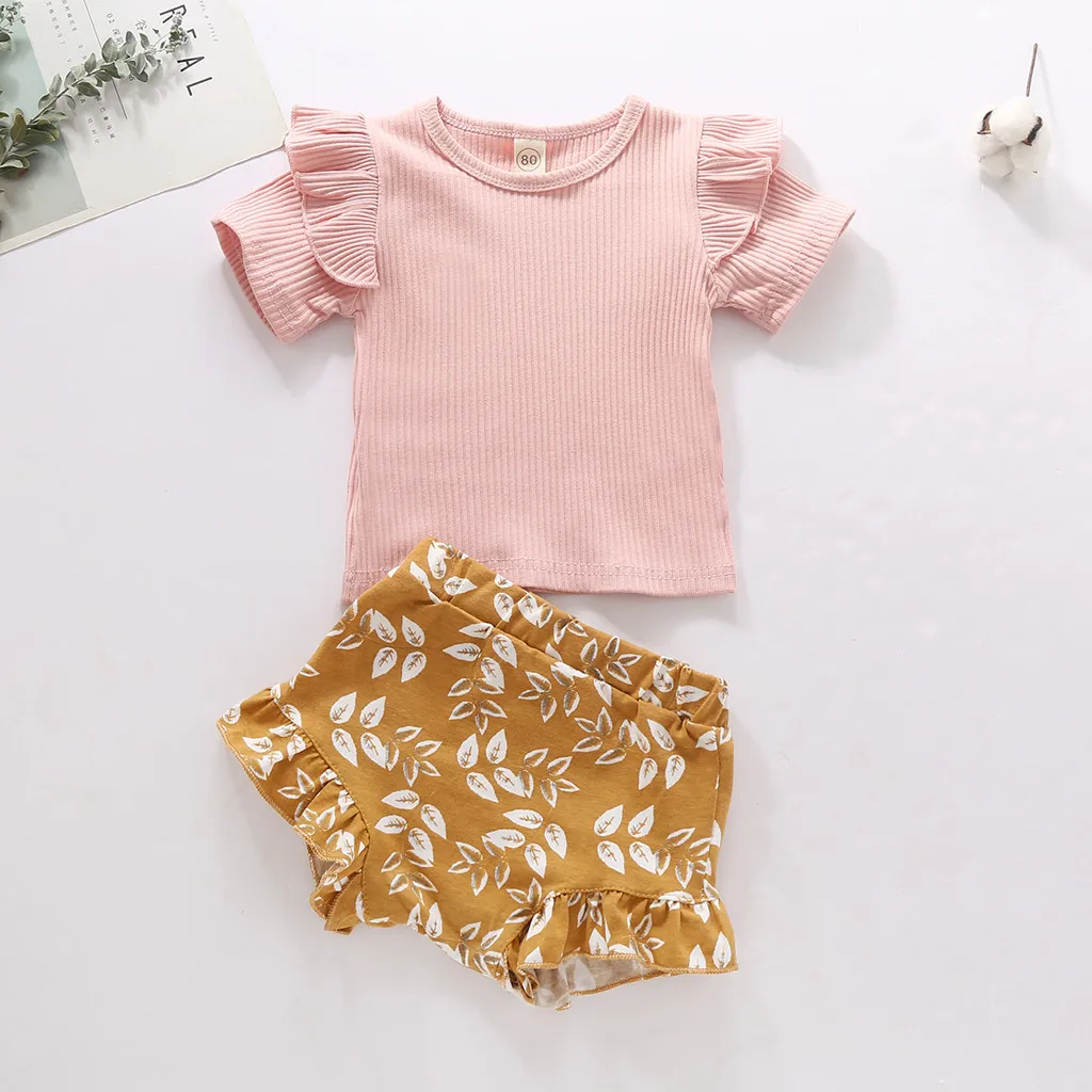 Модная одежда для маленьких девочек Однотонная футболка с короткими рукавами и