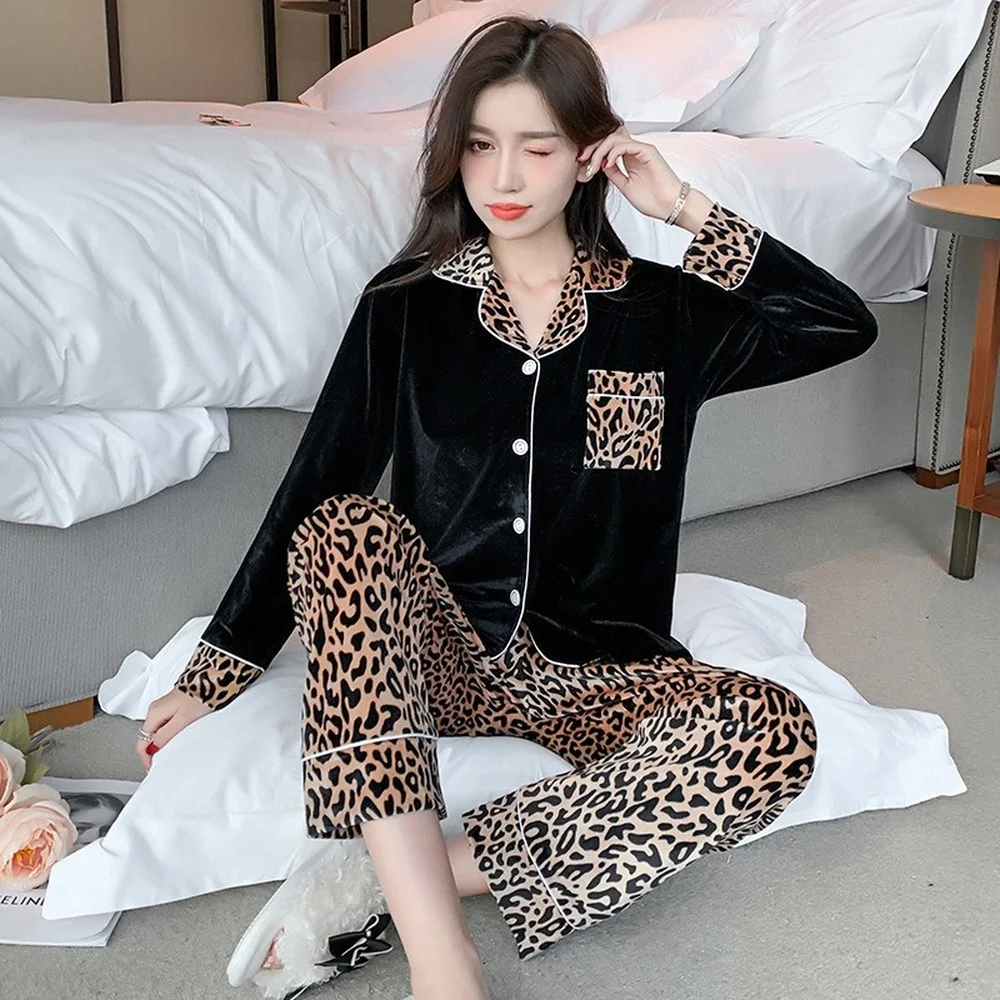 Gold Velvet Pajamas for Women Leopard Print Long-sleeved Spring and Winter Cardigan Home Service Sleepwear Women's Pajamas Set