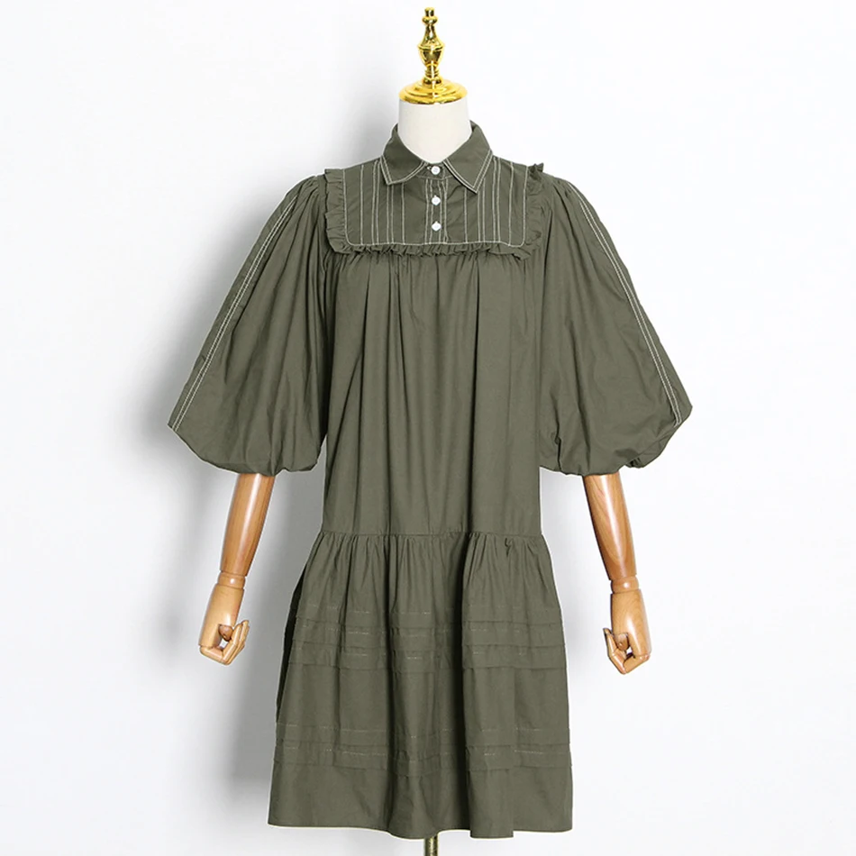 

High Quality 2020 Autumn Sexy Lapel Lantern Half Sleeve Pleated Loose Dress Elegant Women'S Celebrity Club Party Dress Vestidos