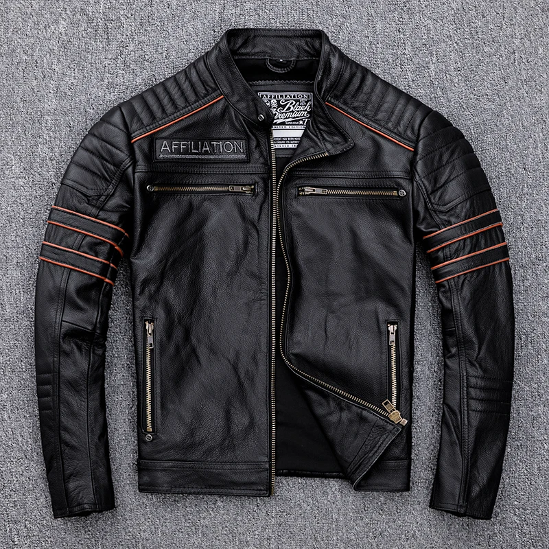 Black Men Skulls Embroidery Motorcycle Leather Jacket Plus Size XXXXL Genuine Cowhide Spring Slim Fit Biker's Leatther Coat