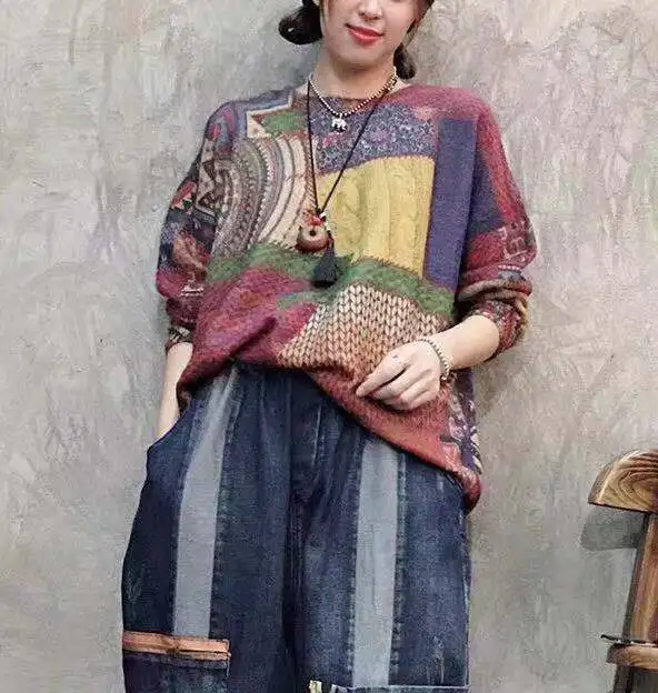 Национальный стиль 2019 осень и зима новый ретро свободный свитер с принтом