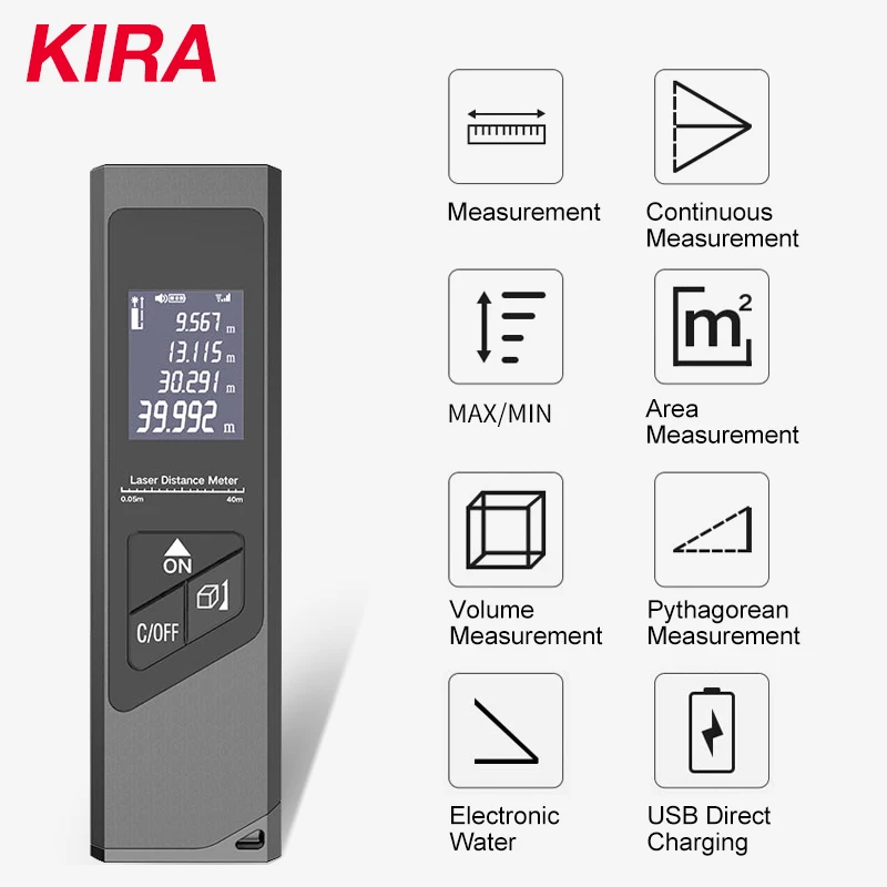 Цифровой лазерный дальномер Кира 40 м портативный с USB зарядкой ручной