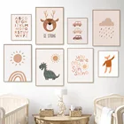 Картина на холсте с принтом в стиле бохо, динозавр, олень, кролик, лиса, алфавит, солнечный свет, скандинавский плакат, настенные фотографии, декор для детской комнаты