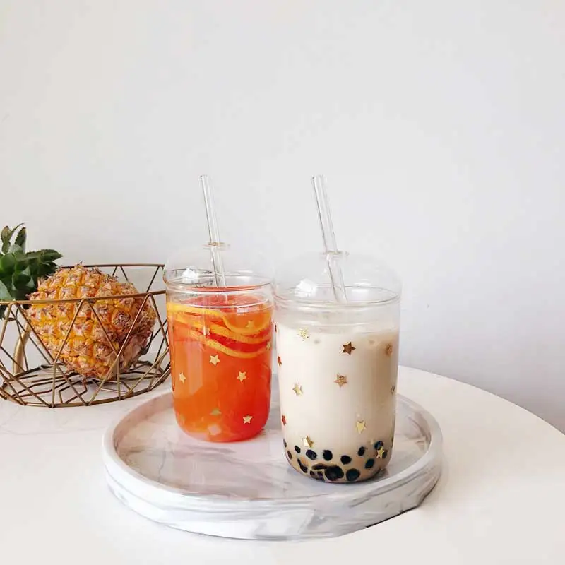 

460ml Heat Resistant Glass Cup Transparent Coffee Mug With Lid&Straw Home Milk Juice Flower Tea Cup Travel Mug Drinking Glass